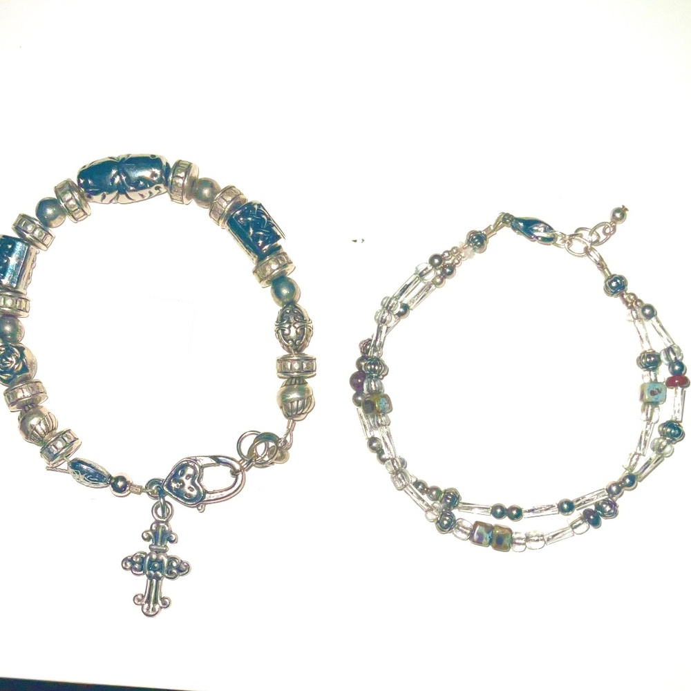 Wholesale:2 bracelets, multistrand gems & silver with cross charm. (Lot 1e) NWT